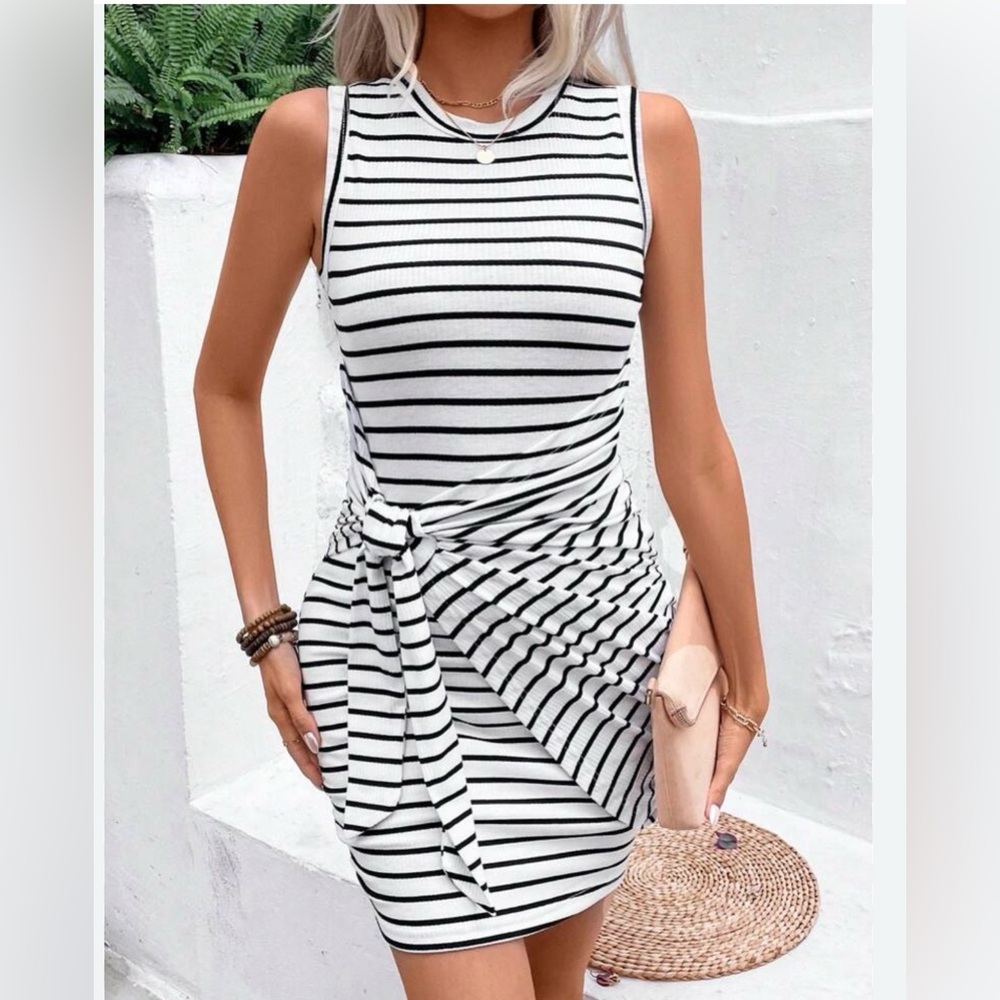 SHEIN Black and White Striped Knot-Front Mini Dress
